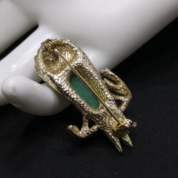 Vintage Owl Brooch, Green Lucite Body Clear Rhinestones, Mid-Century, Faux Pearl - Picture 3 of 10